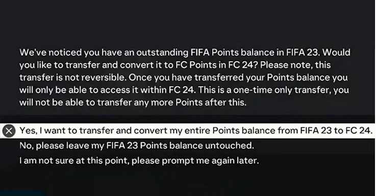 tela onde pode confirmar a transferência de fifa points para FC 24