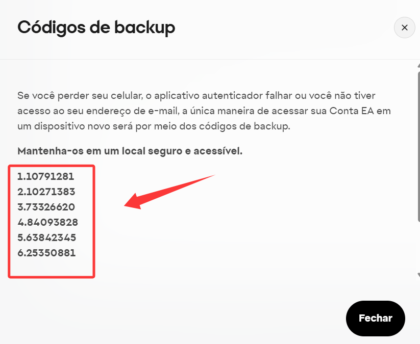 visualizar os códigos backup